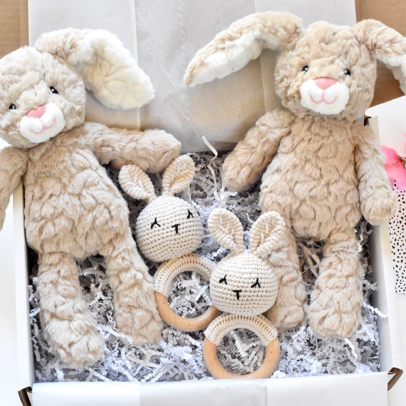 Beige Plush Bunny and Crochet Rattle Set
