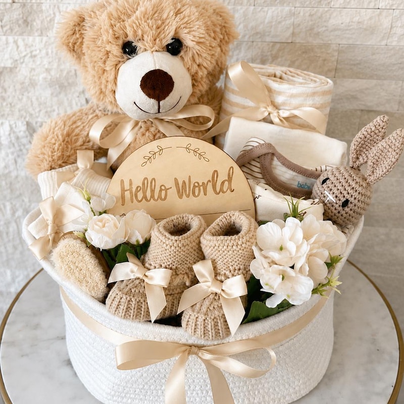 Floral Hello World Teddy Bear Basket