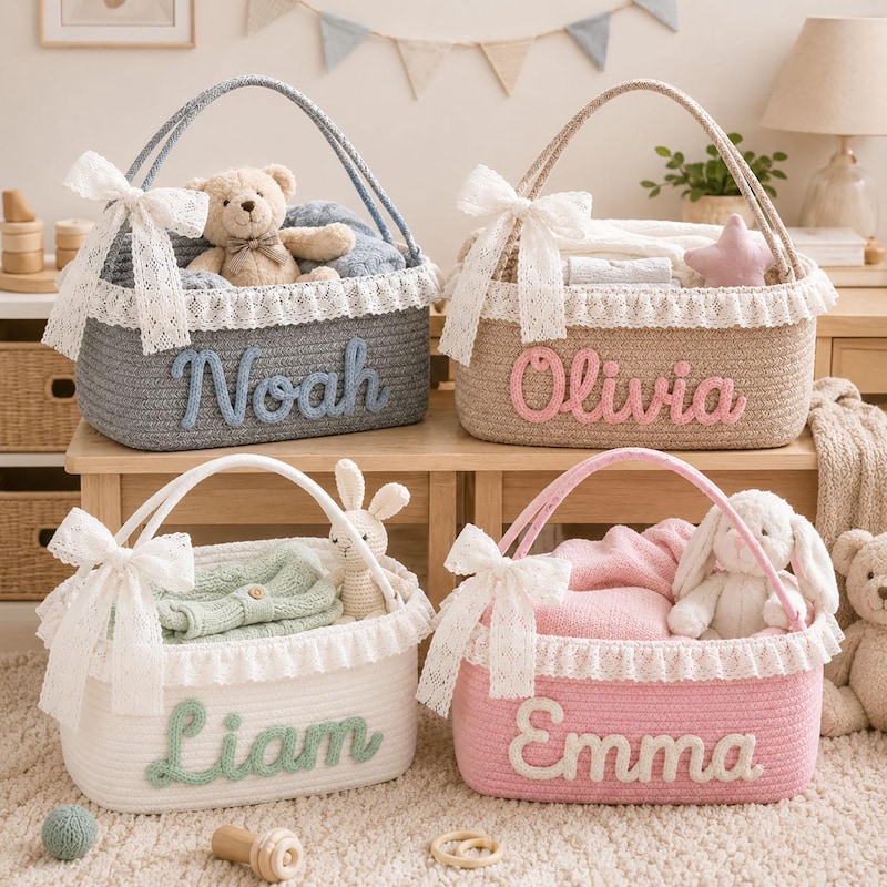 Personalized Lace Trim Rope Baskets