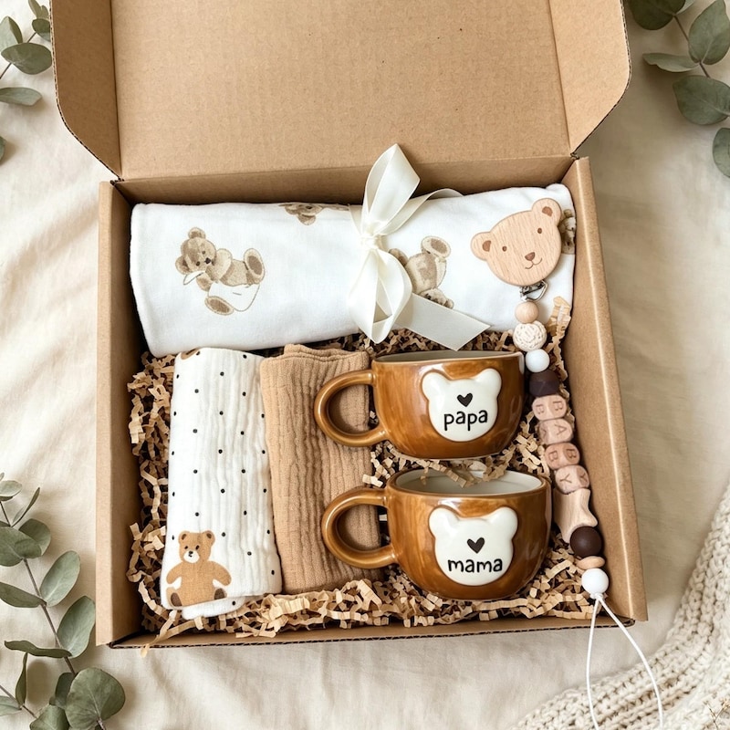 Bear Print Swaddle & Papa Mama Mugs