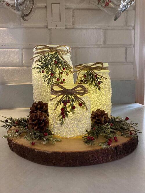 Frosted Mason Jar Wood Slab Display
