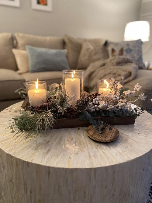Wooden Tray Candle and Pinecone Display