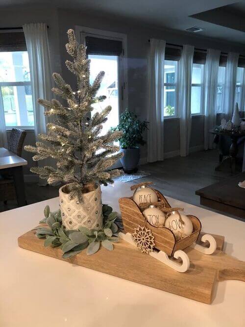 Sleigh and Snowy Tree Wooden Board Display