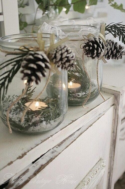 Snowy Mason Jar Pinecone Votives