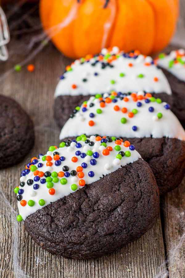 Half-Dipped Chocolate Halloween Sprinkle Cookies